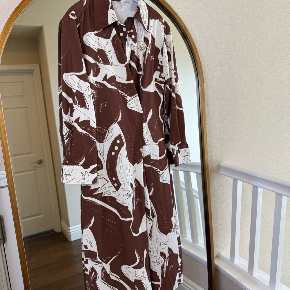 Brown and White Long Sleeve Dress with Animal Pattern
